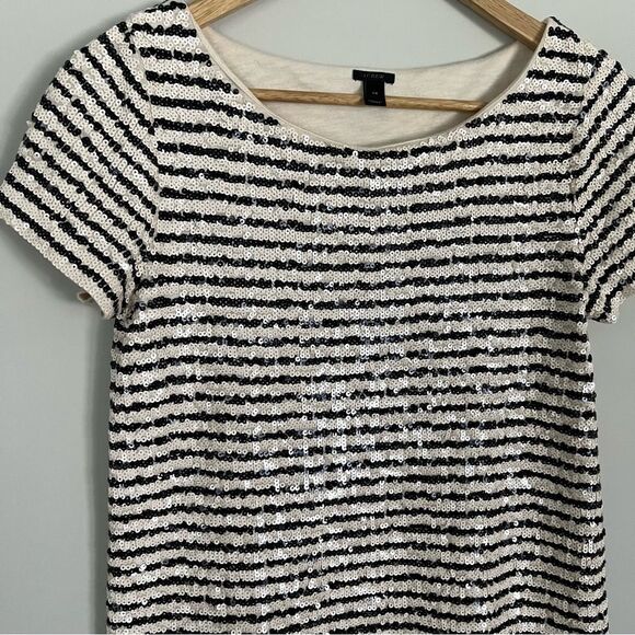 J. Crew Ivory and Black Sequin Stripe Embellished T-shirt, Size XS - Picture 4 of 14
